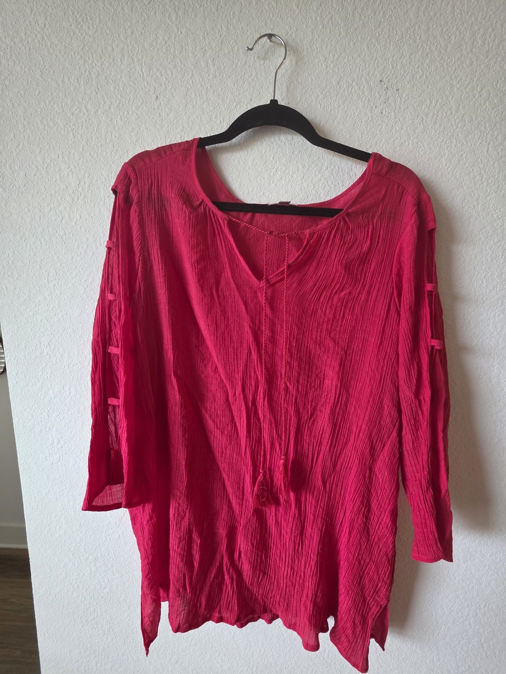 Avenue Bright Red Tunic with Tassel Detail Cutout Sleeves - Picture 7 of 7